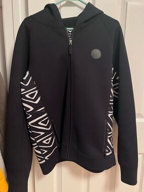 Without Walls Black Zip-Up Hooded Sweater with White Graphic Panels
